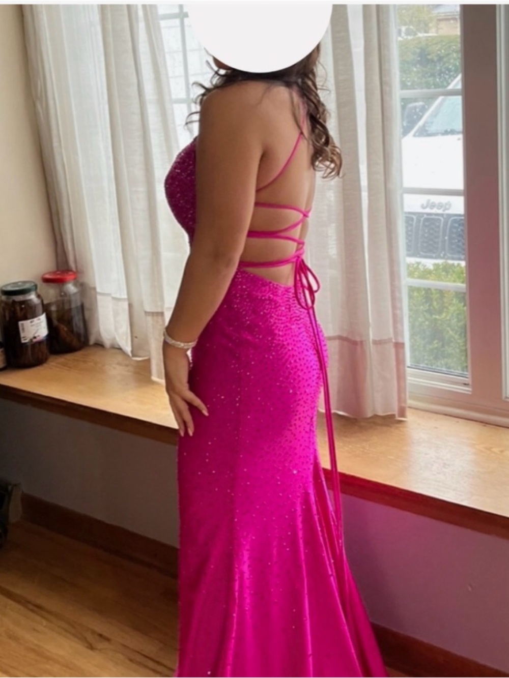 Faviana Hot Pink Sequin Lace-Up Back Prom Dress